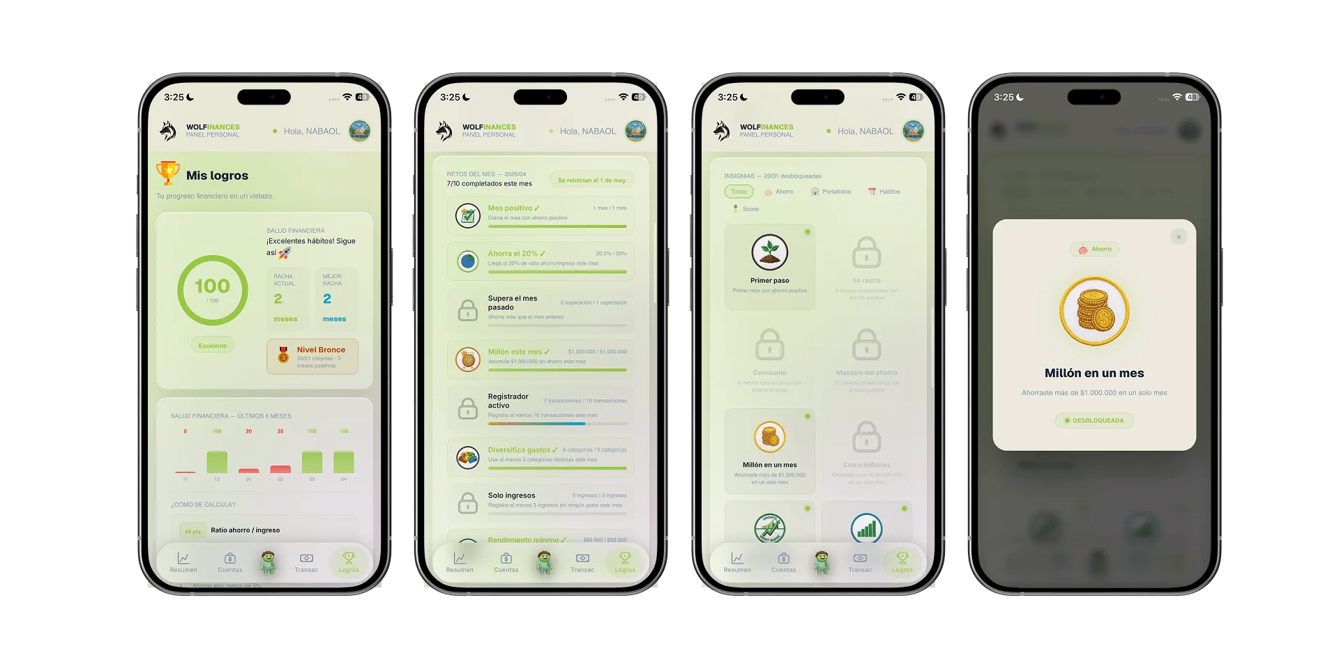 Pantalla de logros con medallas e insignias