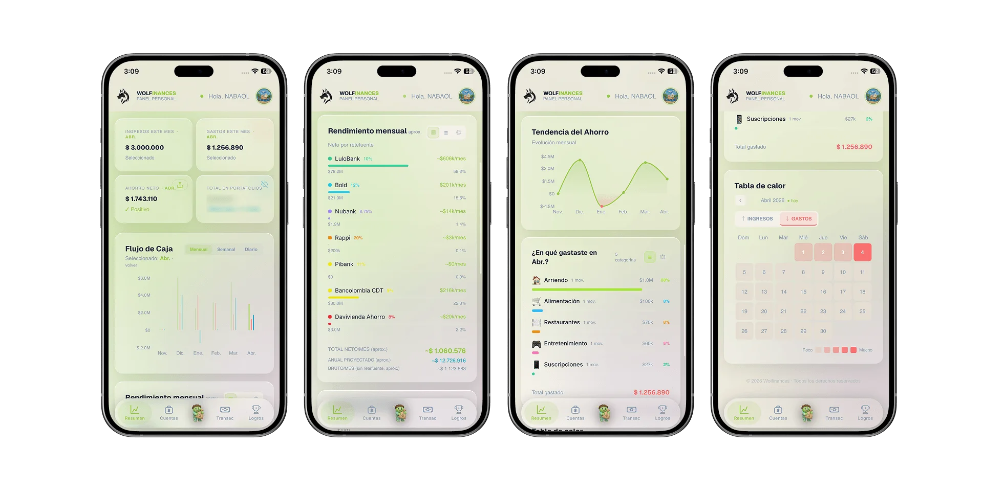 Resumen financiero mensual con gráficas y tabla de calor